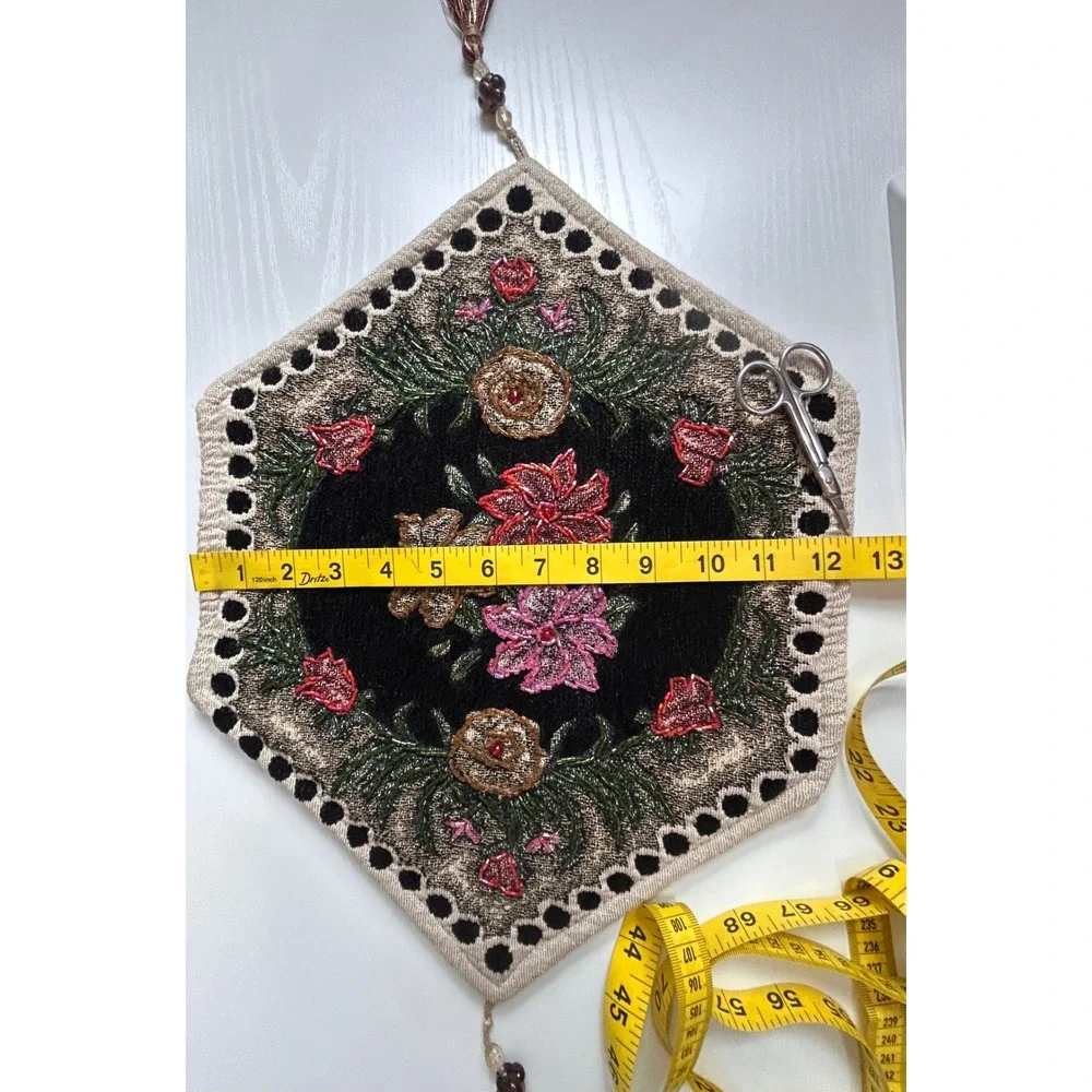 Vintage Hexagonal Velvet Floral Beaded Table Dresser Runner Tassel Accent